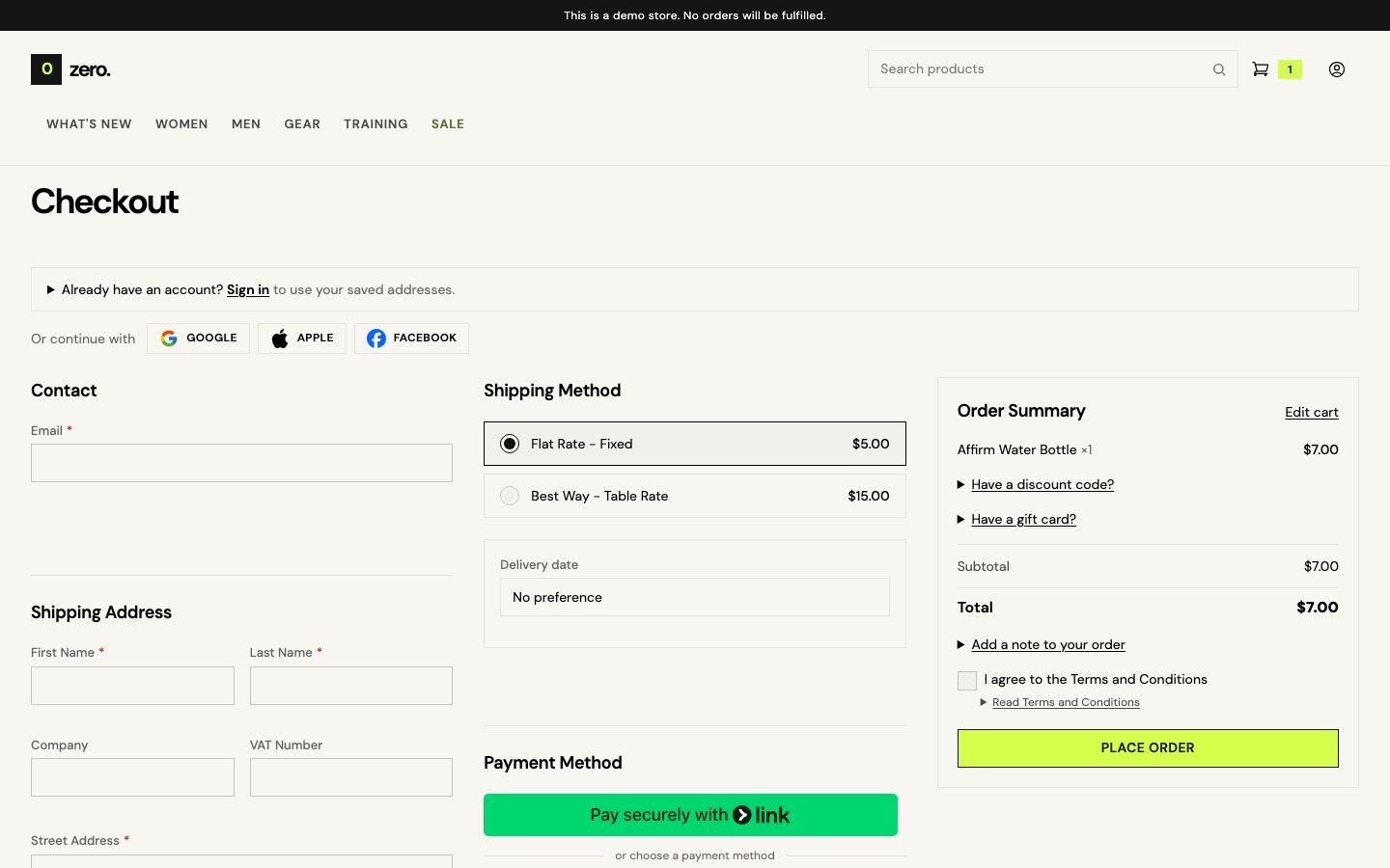 The demo store's checkout with an item in the cart.