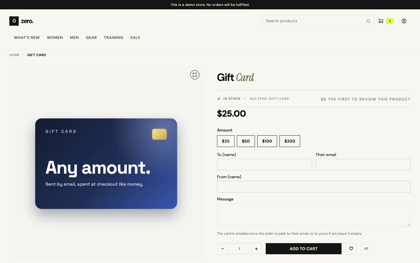 The gift card product page.