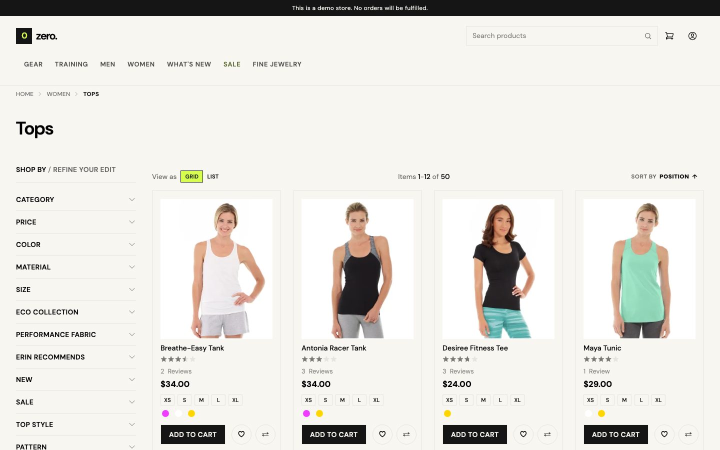 A category page of the demo store with its filters.