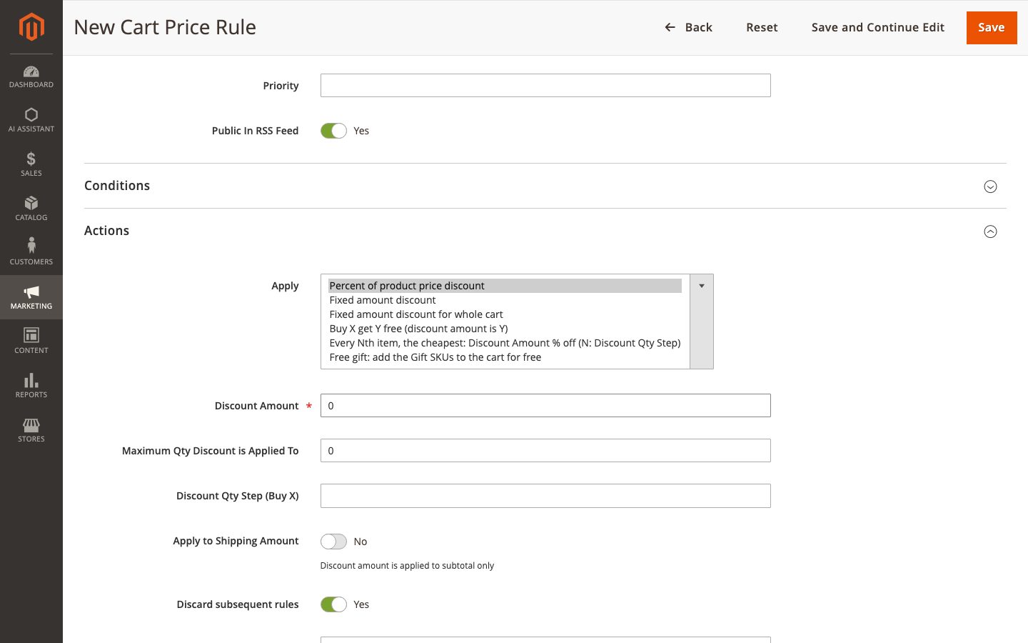 The two extra actions in a cart price rule.