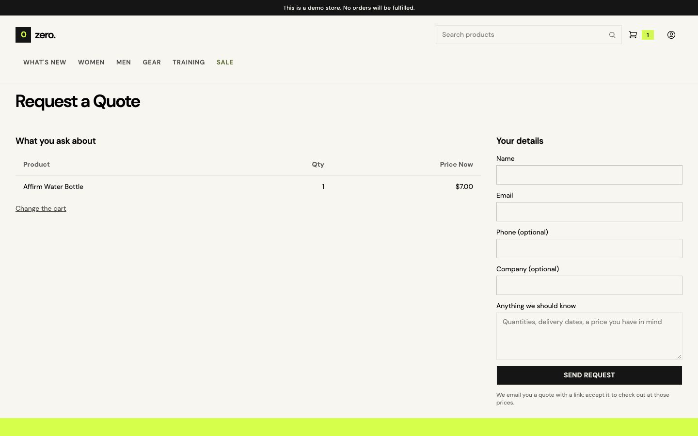 The quote request form for a cart.