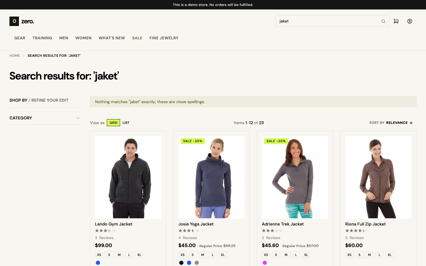 A search with a typo on the demo store.