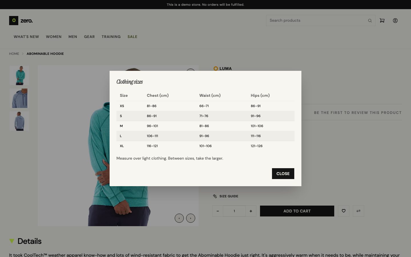 The size guide on a product page.