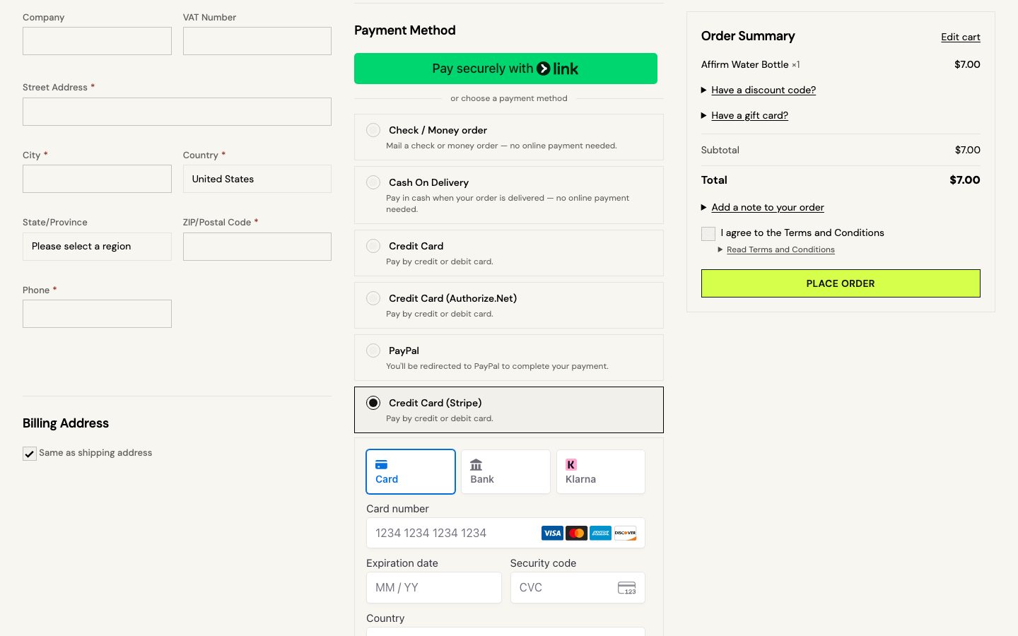 Stripe's card form in the demo checkout.